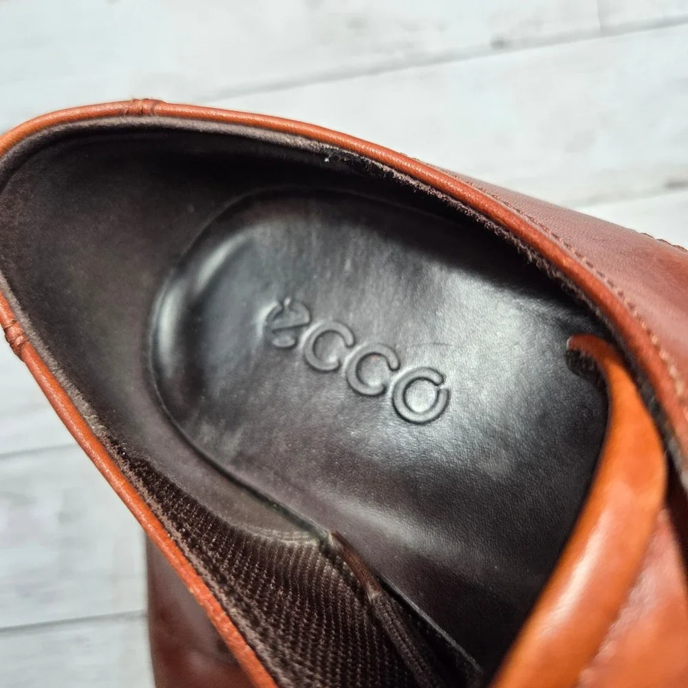 ECCO Plain Toe Derby Dress Shoes Mens 46 Cognac Brown Leather Lace Up